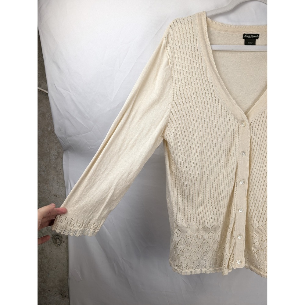 Vintage Linen Pointelle Knit Button Cardigan Size XL Cream Fairy Preppy Coastal - Picture 3 of 9